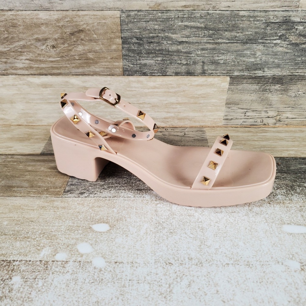 MIA Indi Jelly Womens Sandals Sz 9 M Natural Ankle Strap Square Toe Block Heel
